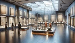 An elegant museum interior featuring various glass display cases with diverse artifacts, illustrating the concept of 'Selecting Glass Display Cases for Museums